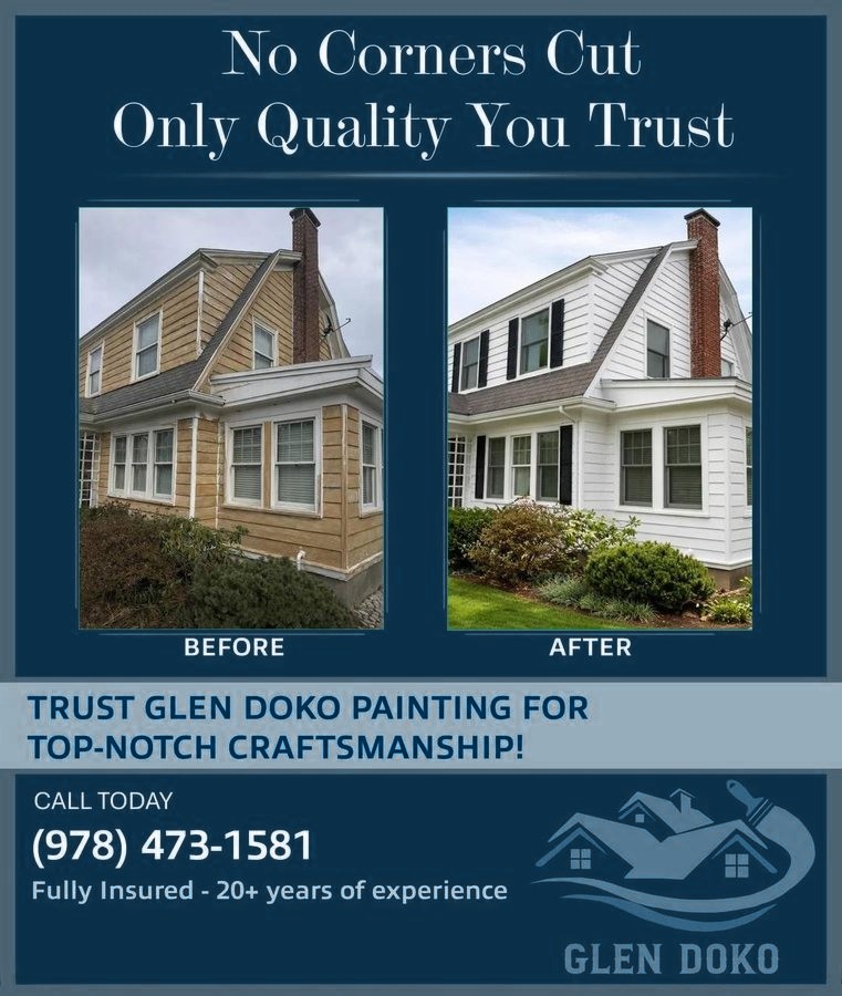 Before and after comparison of a home exterior: weathered tan clapboards on the left, and the same house painted crisp white with black shutters and dark red brick chimney on the right